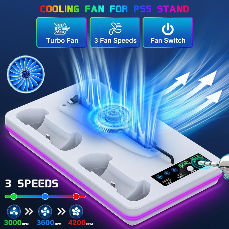 DBEPANK for PS5/PS5 Slim/PS5 Pro Stand and Cooling Station with Controller Charging Station for PlayStation 5 Slim&Standard Disc/Digital Console, 10 Light for PS5 Cooler Accessories Incl 3 Levels Cooling Fan - Image 4